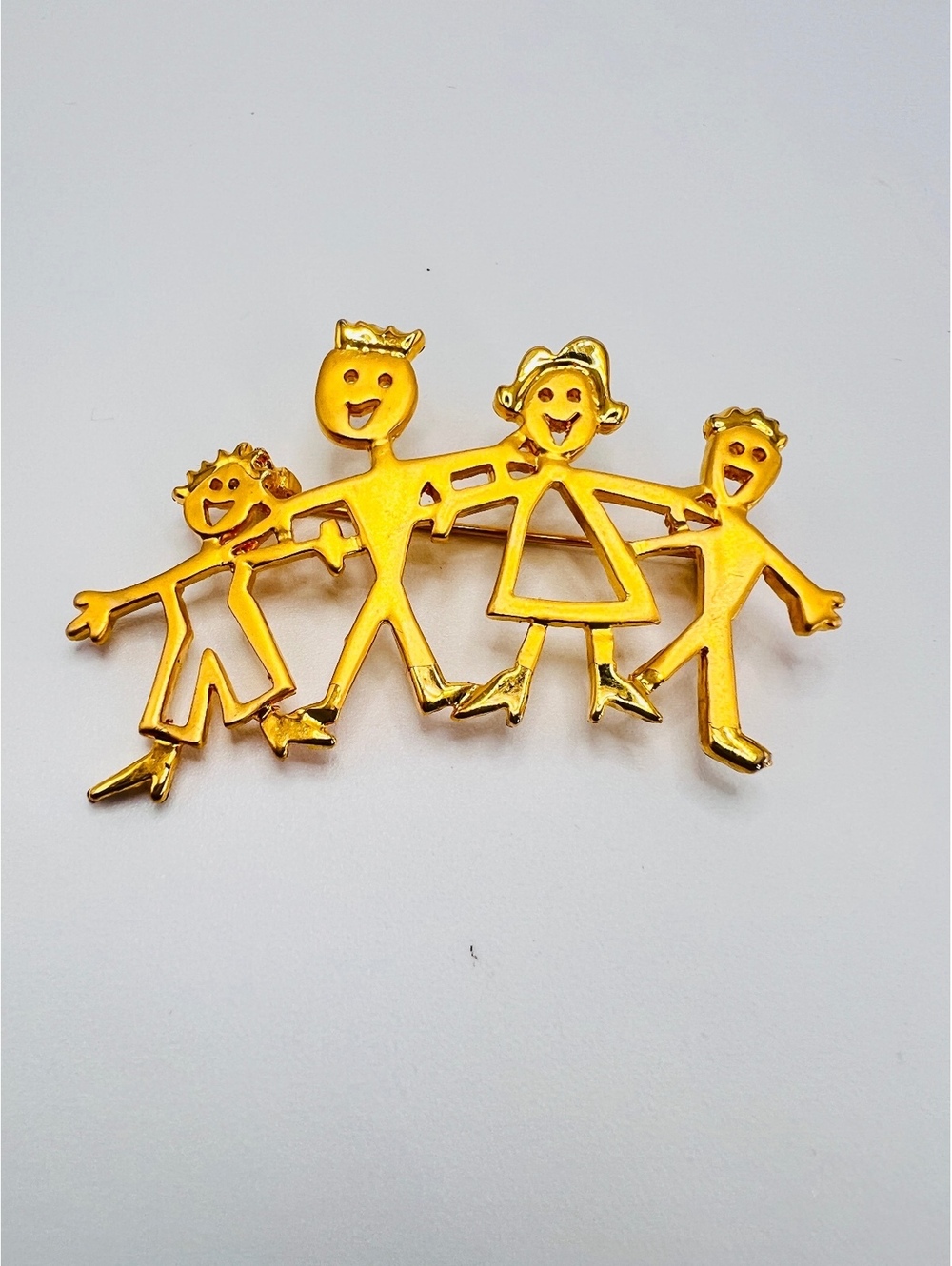 Vintage Gold Tone Happy Family Brooch Stick Figure People Holding Hands Pin